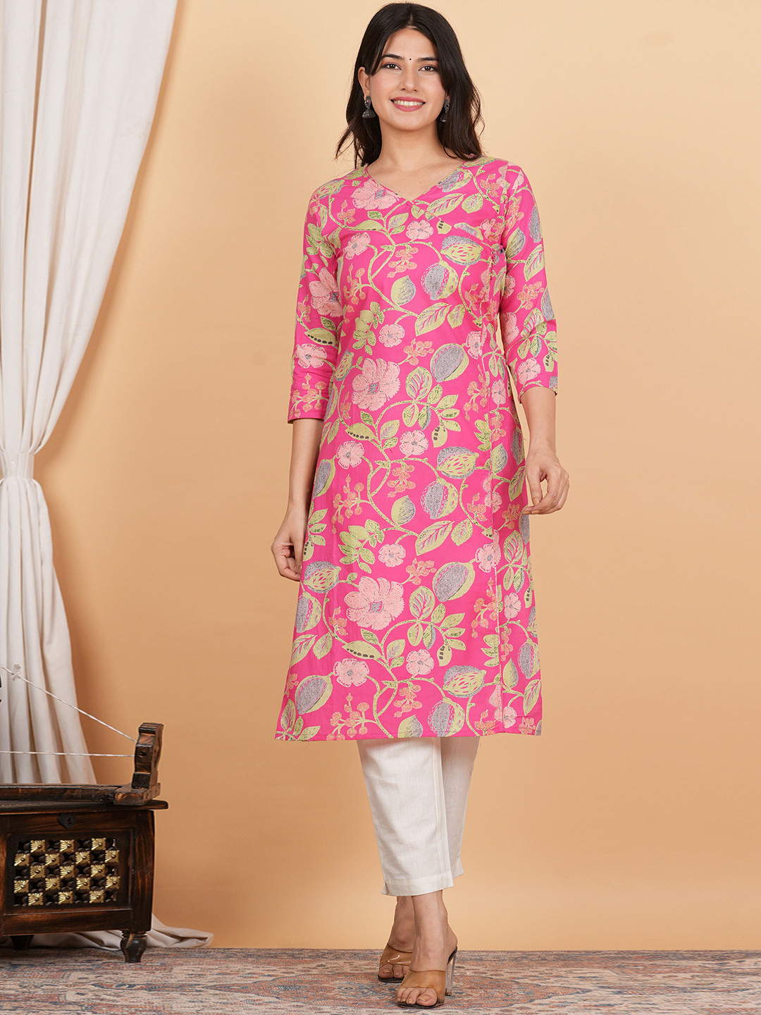 Vbuyz Floral Printed Cotton Angrakha Kurta, Pink 
Vbuyz Floral Printed Cotton Angrakha Kurta, Pink