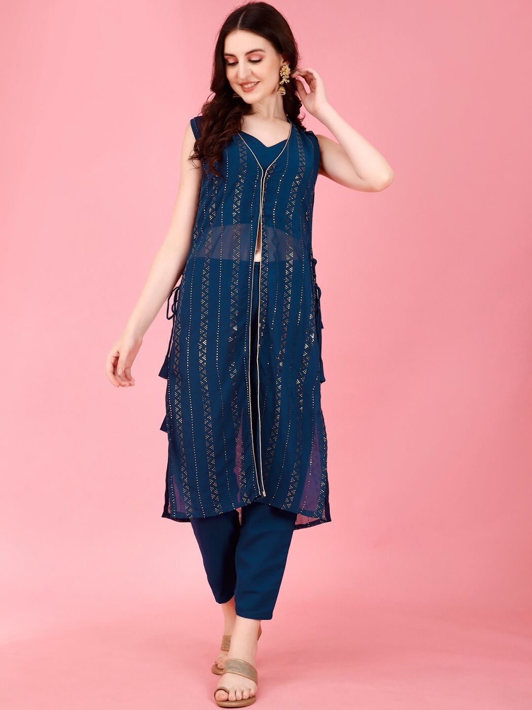 Modestouze Attires Ethnic Motifs Regular Mukaish Top With Trousers & Jacket, Blue
Modestouze Attires Ethnic Motifs Regular Mukaish Top With Trousers & Jacket, Blue