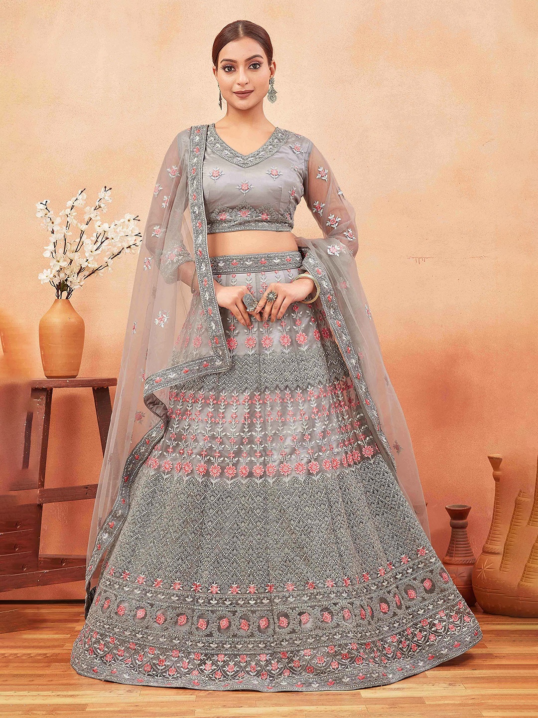 Chandbaali Embroidered Semi-Stitched Lehenga & Unstitched Blouse With Dupatta, Grey
Chandbaali Embroidered Semi-Stitched Lehenga & Unstitched Blouse With Dupatta, Grey