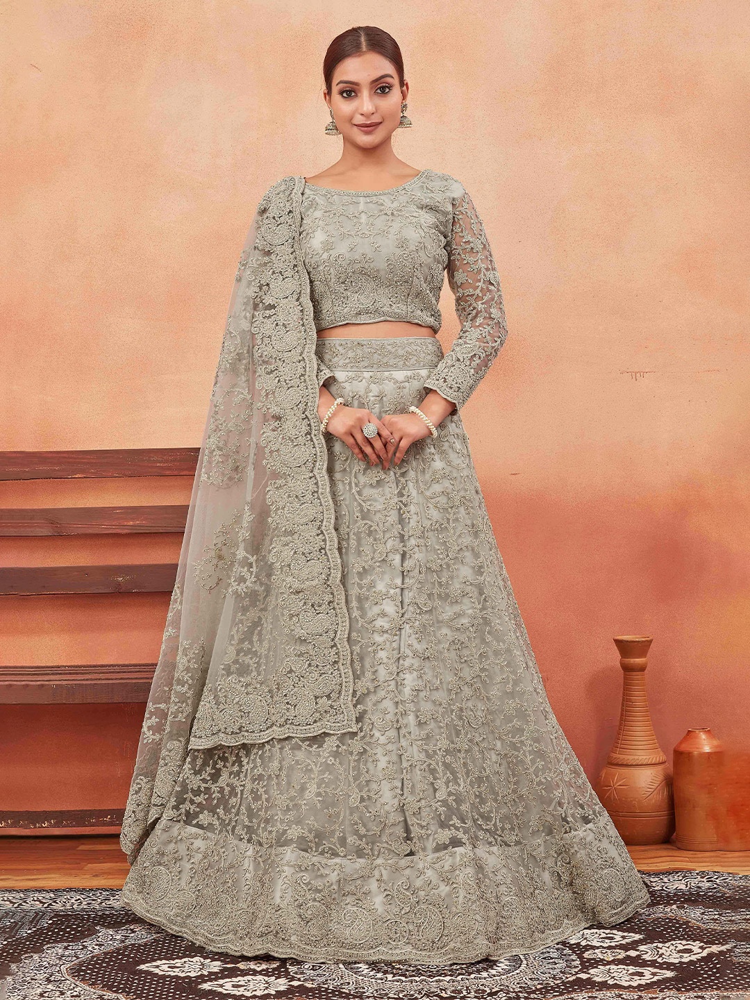 Chandbaali Embroidered Semi-Stitched Lehenga & Unstitched Blouse With Dupatta, Grey
Chandbaali Embroidered Semi-Stitched Lehenga & Unstitched Blouse With Dupatta, Grey