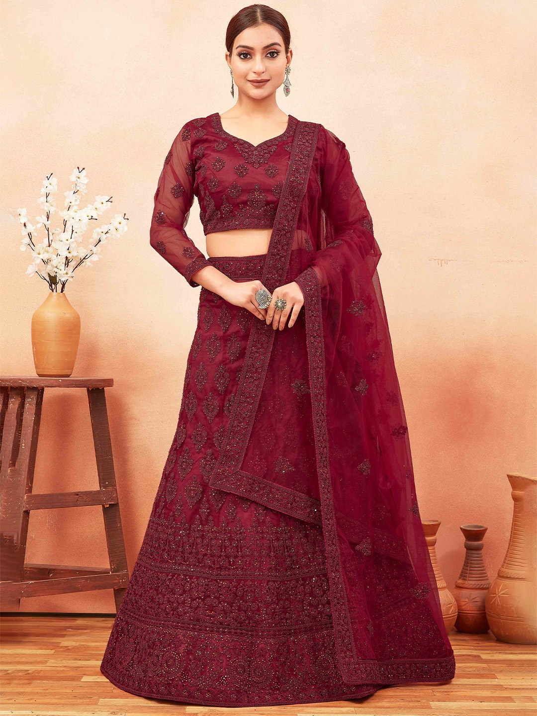 Chandbaali Embellished Semi-Stitched Lehenga & Unstitched Blouse With Dupatta, Maroon
Chandbaali Embellished Semi-Stitched Lehenga & Unstitched Blouse With Dupatta, Maroon