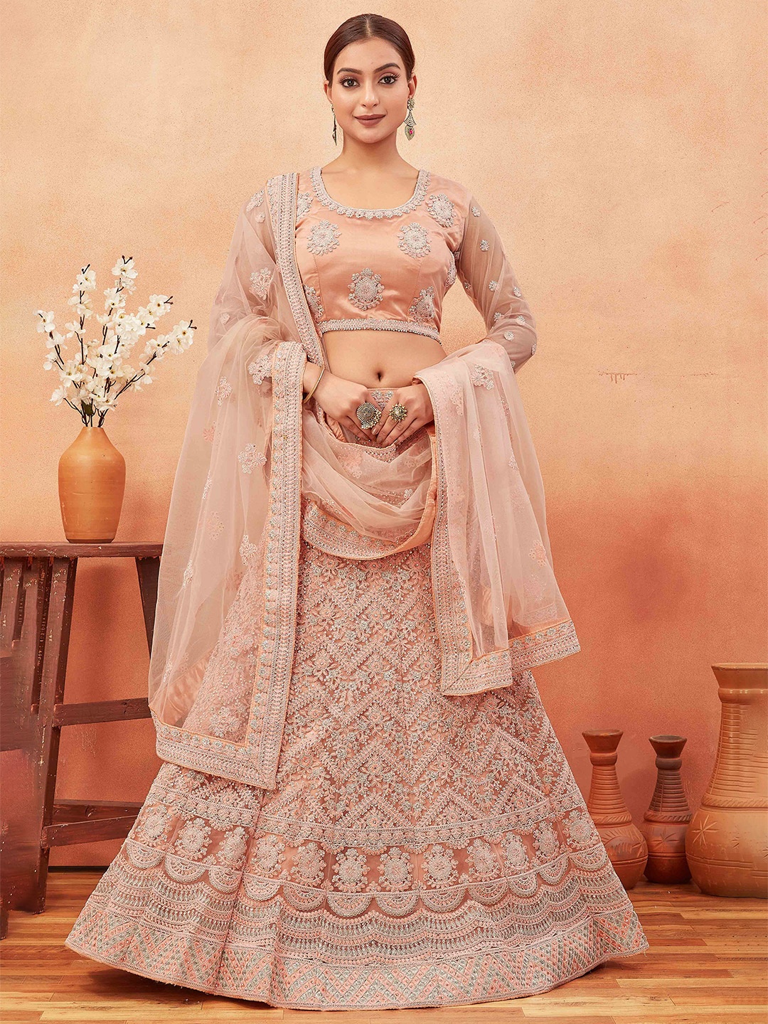 Chandbaali Embellished Semi-Stitched Lehenga & Unstitched Blouse With Dupatta, Peach
Chandbaali Embellished Semi-Stitched Lehenga & Unstitched Blouse With Dupatta, Peach