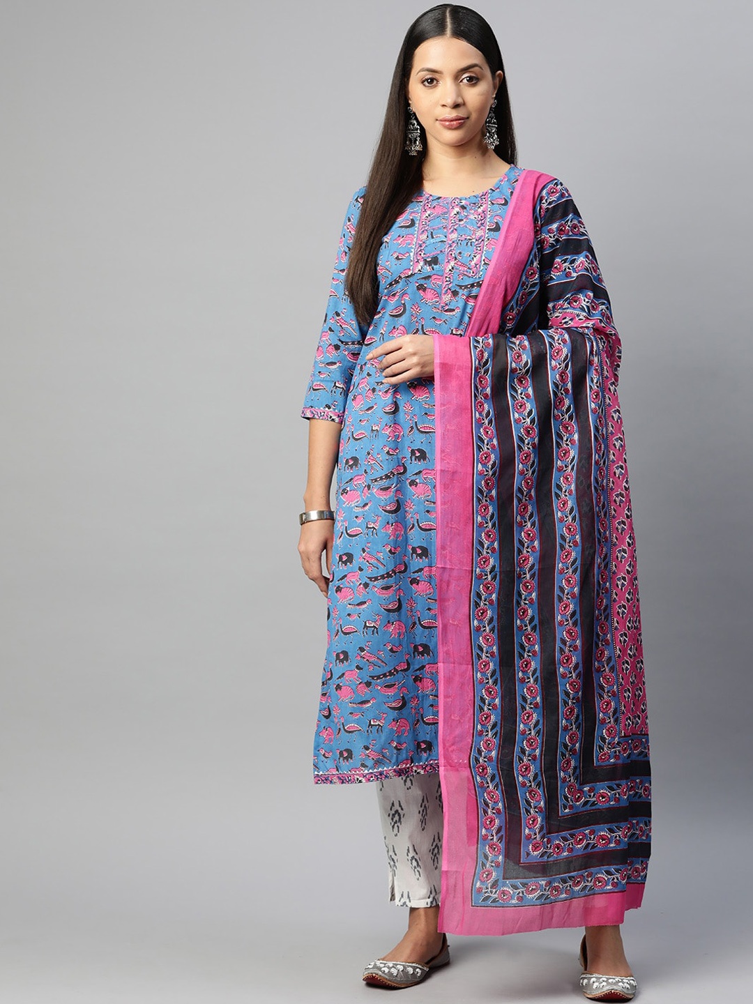 KALINI Quirky Printed Pure Cotton Straight Kurta With Trouser & Dupatta, Blue