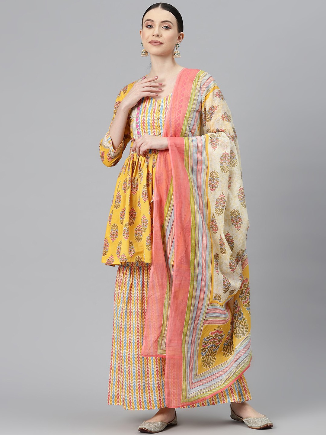 KALINI Floral Printed Empire Pure Cotton A-Line Kurti With Sharara & Dupatta, Yellow
KALINI Floral Printed Empire Pure Cotton A-Line Kurti With Sharara & Dupatta, Yellow