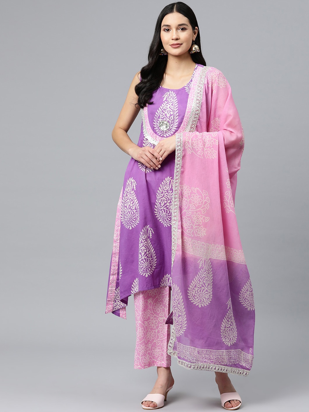 KALINI Paisley Printed Gotta Patti Pure Cotton A-Line Kurta With Trousers & Dupatta, Pink