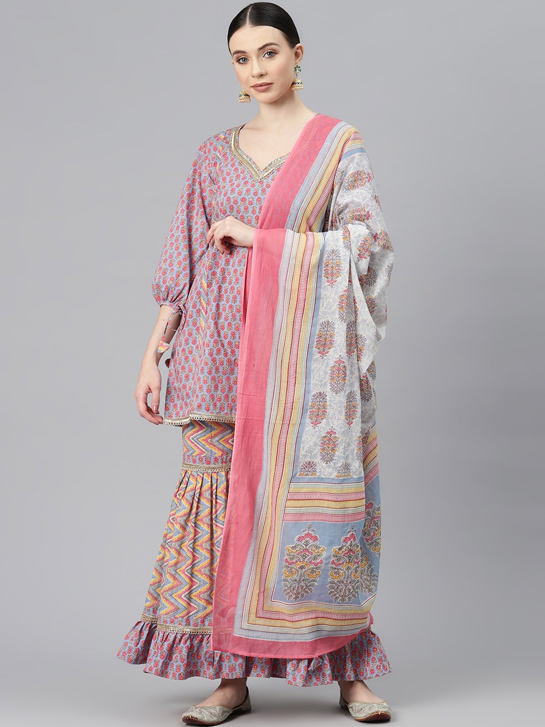 KALINI Floral Printed Puffed Sleeves Pure Cotton Straight Kurta With Sharara & Dupatta, Pink
KALINI Floral Printed Puffed Sleeves Pure Cotton Straight Kurta With Sharara & Dupatta, Pink