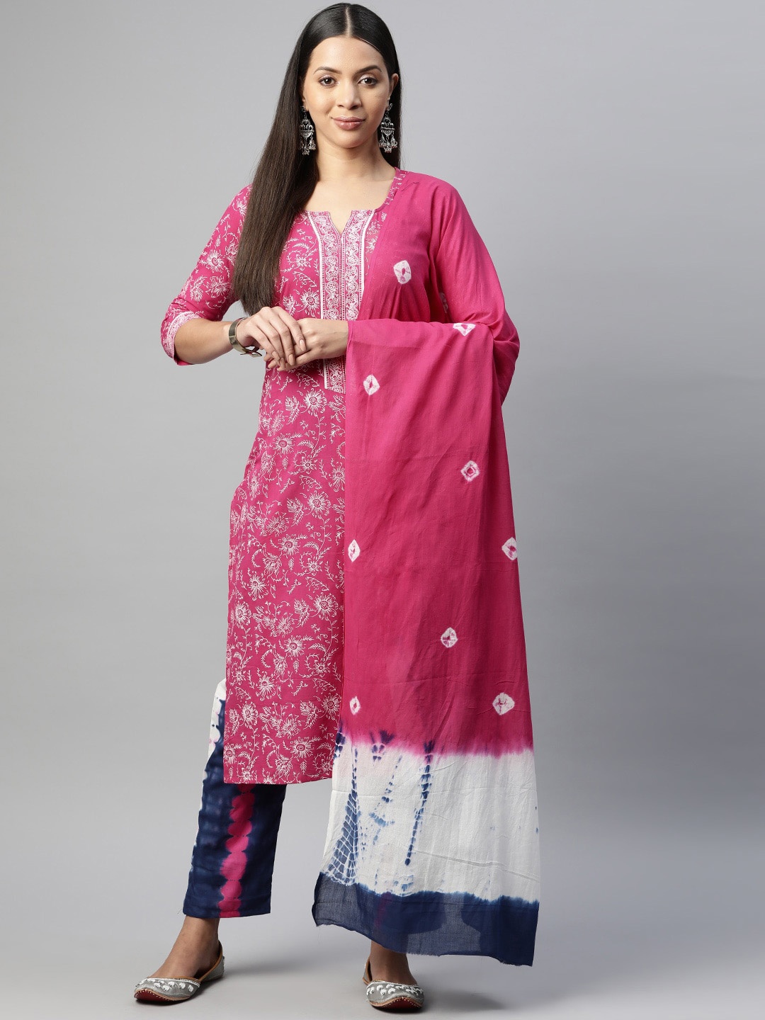 KALINI Ethnic Motifs Printed Pure Cotton Straight Kurta With Trousers & Dupatta, Pink