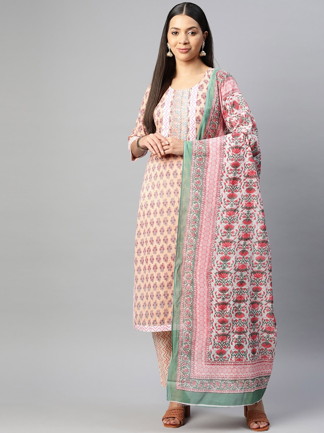 KALINI Ethnic Motifs Printed Pure Cotton Kurta With Trousers & Dupatta, Beige