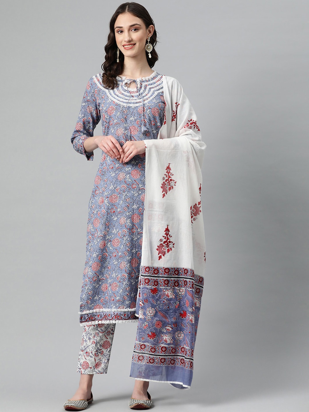 KALINI Floral Printed Pure Cotton Kurta With Trousers & Dupatta, Blue