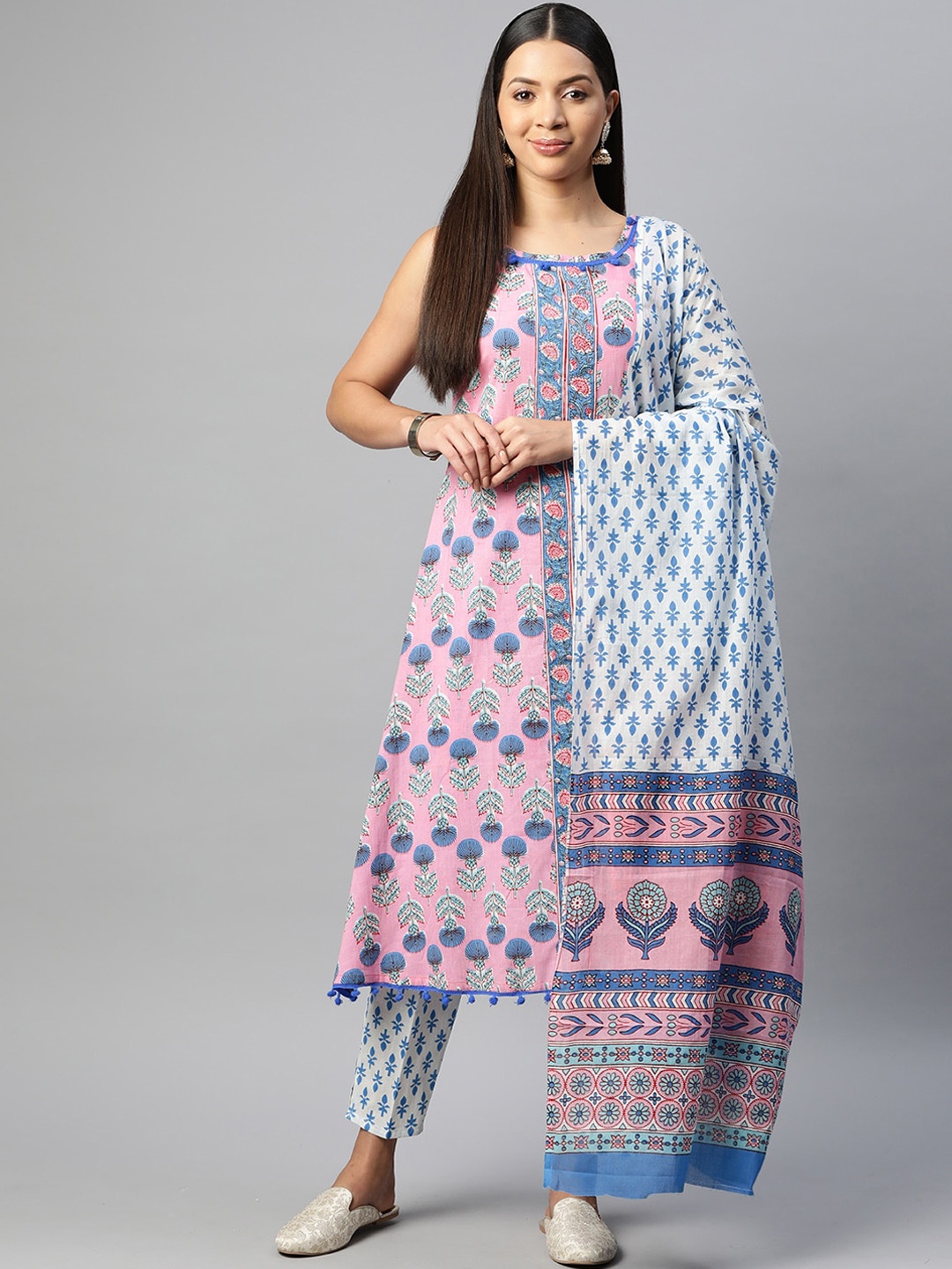 KALINI Ethnic Motifs Printed Pure Cotton Kurta with Trousers & With Dupatta, Pink