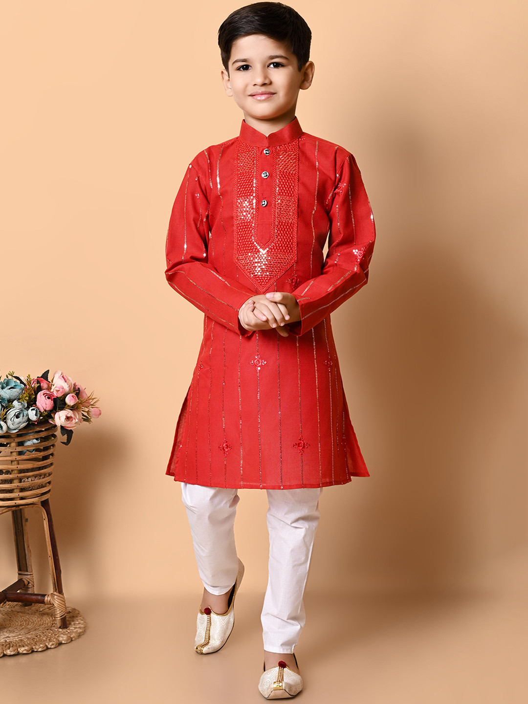 BAESD Boys Striped Embroidered Sequinned Mandarin Collar Straight Kurta With Pyjamas, Red
BAESD Boys Striped Embroidered Sequinned Mandarin Collar Straight Kurta With Pyjamas, Red