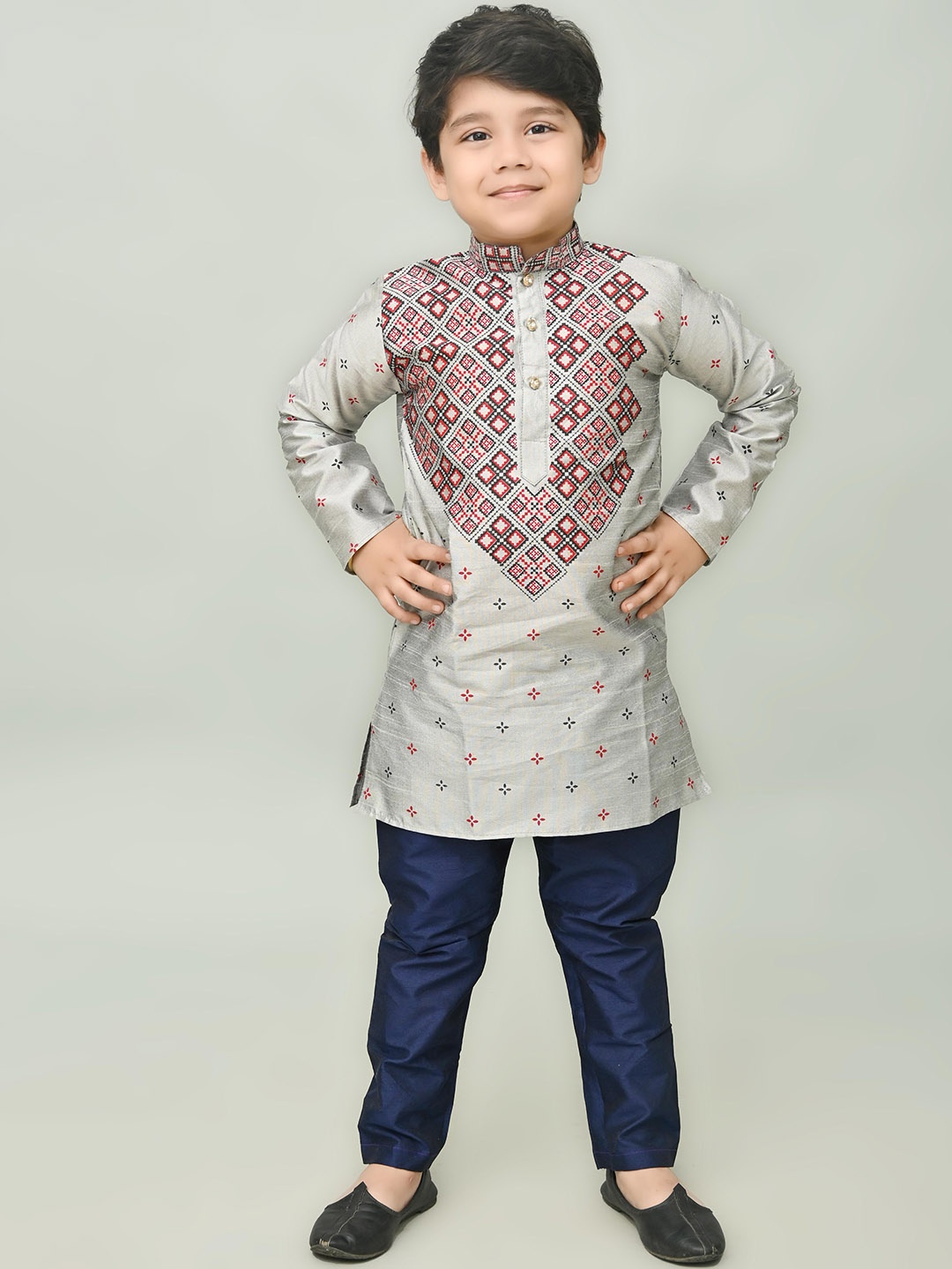 BAESD Boys Ethnic Motifs Printed Mandarin Collar Dupion Silk Straight Kurta With Pyjamas, Grey
BAESD Boys Ethnic Motifs Printed Mandarin Collar Dupion Silk Straight Kurta With Pyjamas, Grey