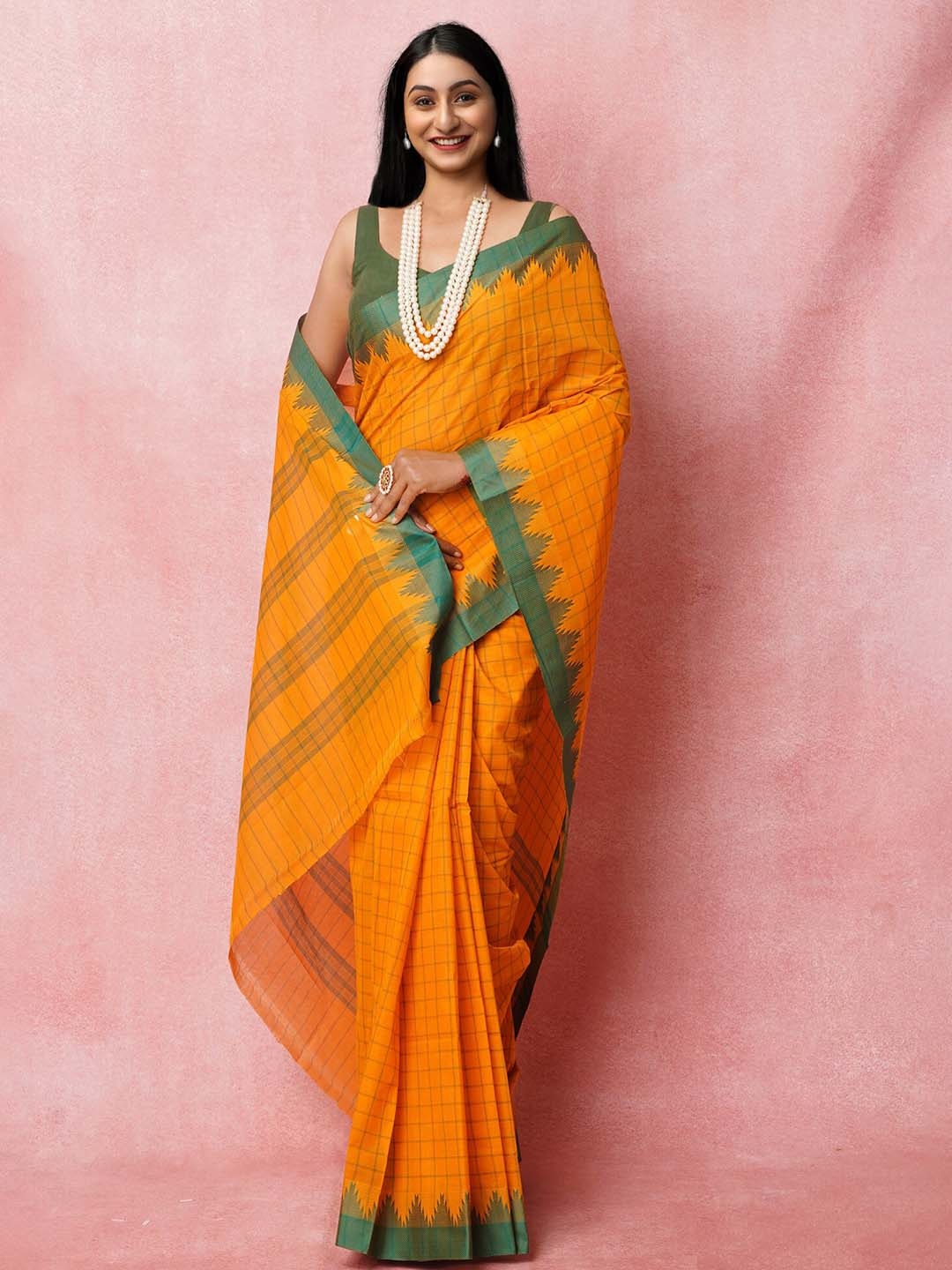 Unnati Silks Checked Handloom Chettinad Saree, Yellow