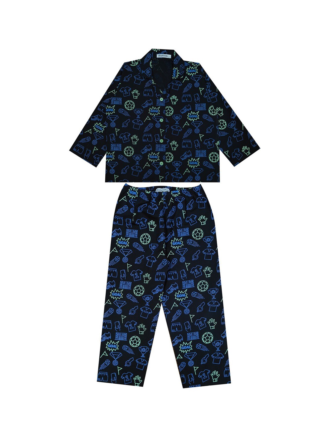 shopbloom Kids Glow In The Dark Graphic Printed Lapel Collar Pure Cotton Night suit, Black
shopbloom Kids Glow In The Dark Graphic Printed Lapel Collar Pure Cotton Night suit, Black