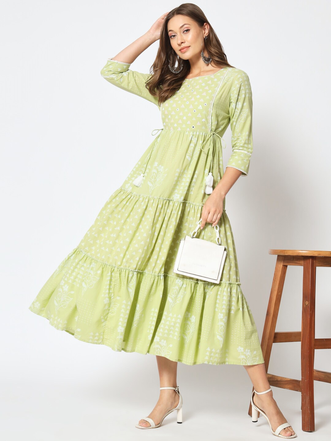 AMIRAS INDIAN ETHNIC WEAR Geometric Print Embroidered Tiered Cotton Fit & Flare Midi Dress, Green
AMIRAS INDIAN ETHNIC WEAR Geometric Print Embroidered Tiered Cotton Fit & Flare Midi Dress, Green