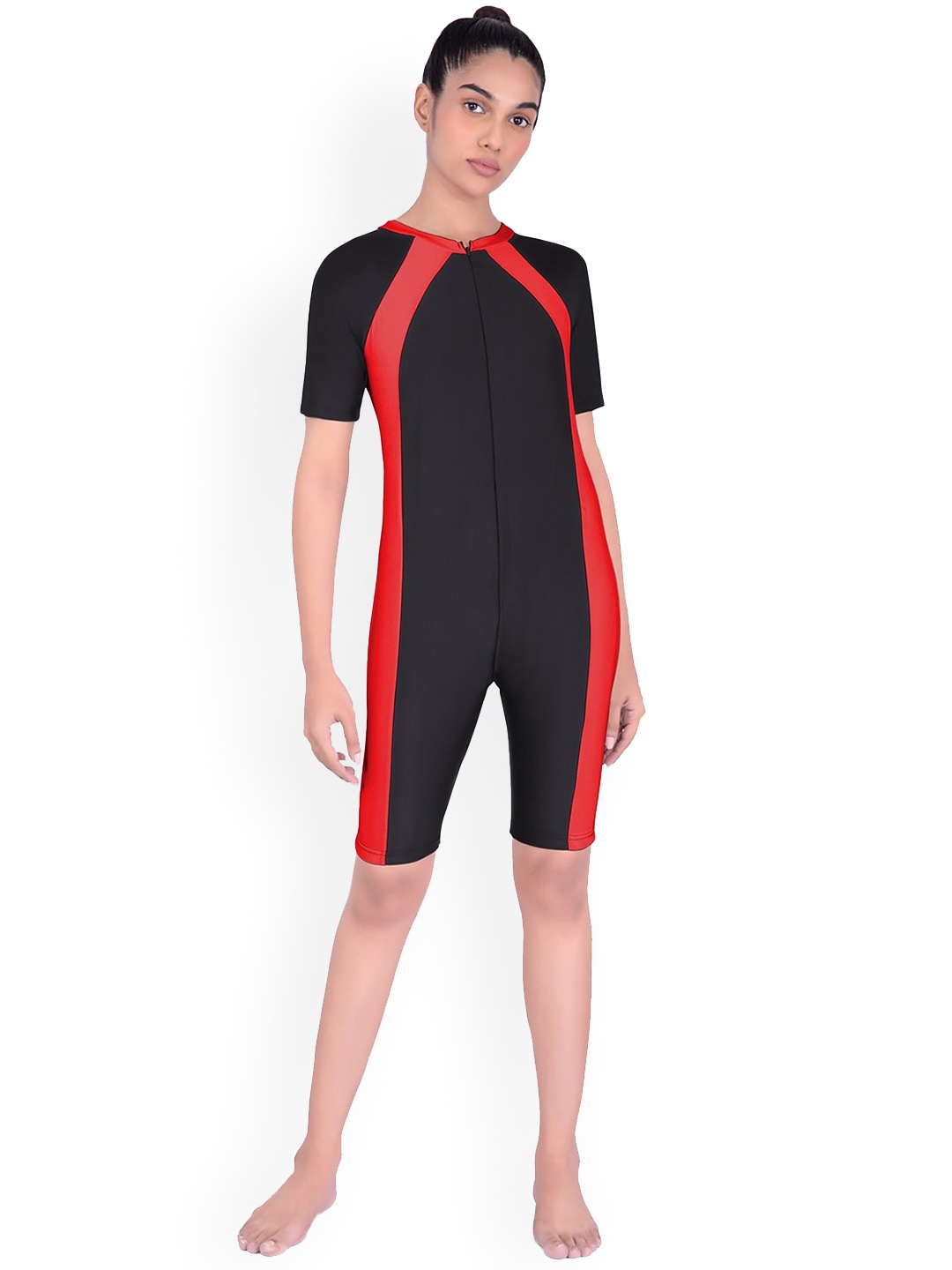 Fiesta Clara Colourblocked Round Neck Swim Leg Suit, Black