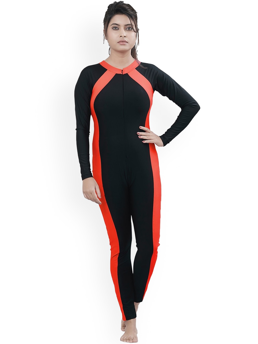 Fiesta Clara Colourblocked Round Neck Swim Leg Suit, Black