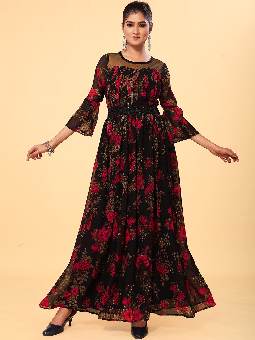 ODD BY chansi TRENDZ Floral Printed Flared Sleeves Fit and Flare Ethnic Maxi Gown Dresses, Black
ODD BY chansi TRENDZ Floral Printed Flared Sleeves Fit and Flare Ethnic Maxi Gown Dresses, Black