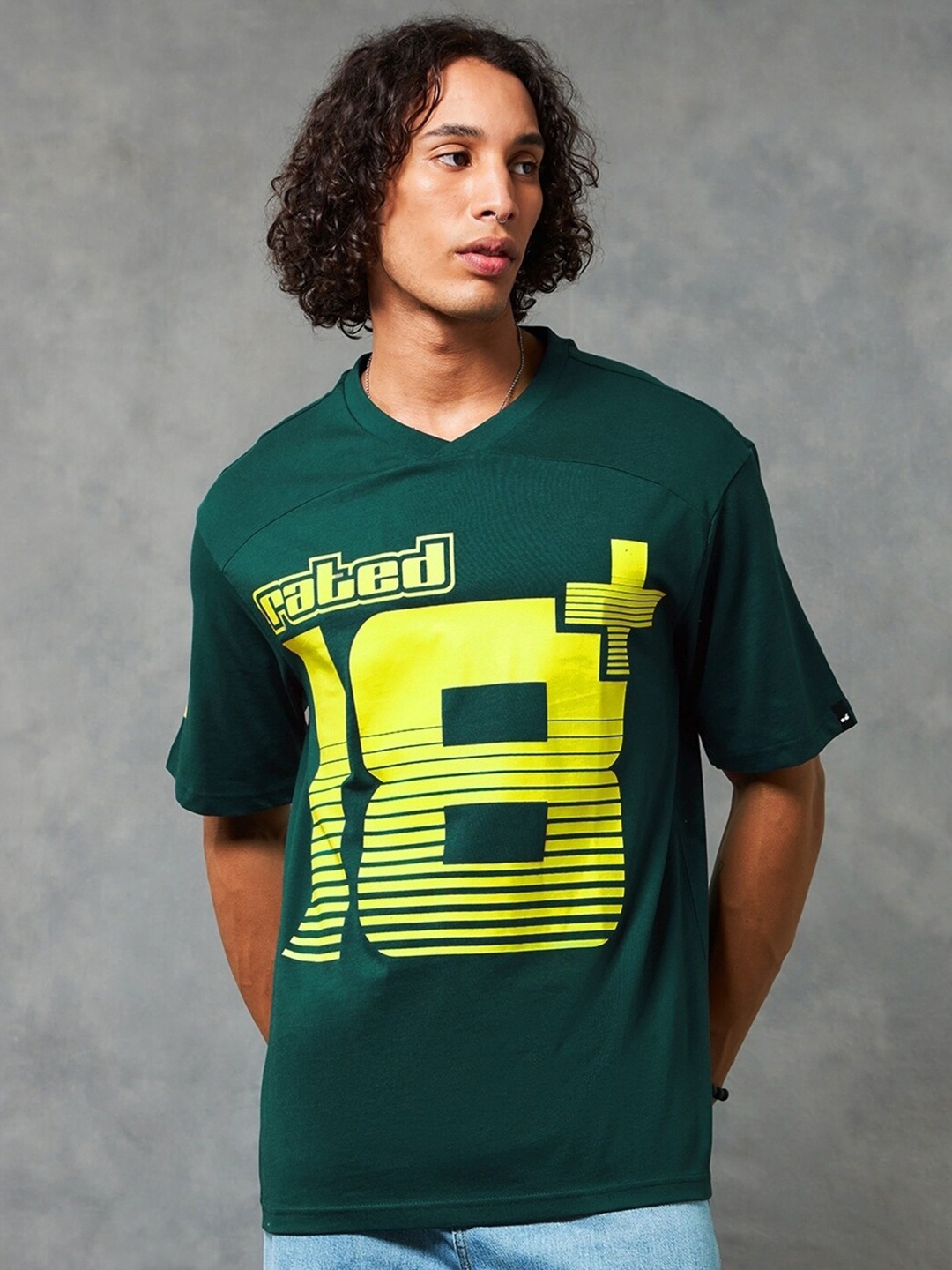 Bewakoof Rated Color Block Printed V-Neck Drop-Shoulder Sleeves Oversized Cotton T-shirt, Green
Bewakoof Rated Color Block Printed V-Neck Drop-Shoulder Sleeves Oversized Cotton T-shirt, Green