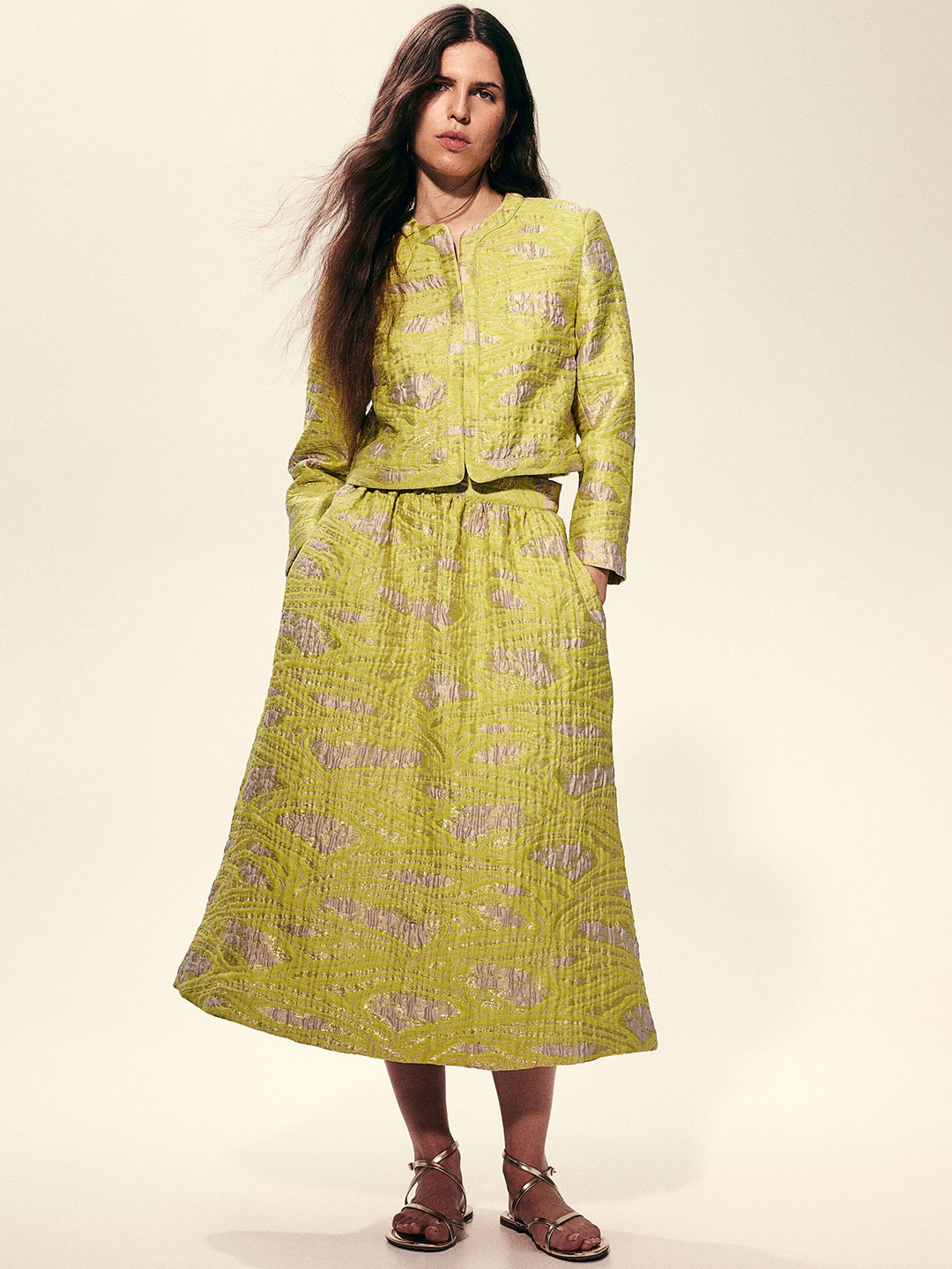 H&M Cropped Brocade Jacket, Yellow