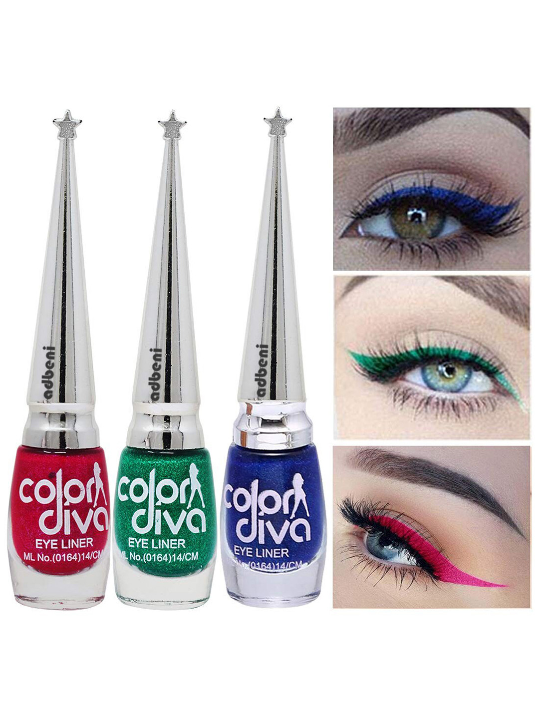 Adbeni Color Diva Set Of 3 Long Lasting Liquid Eyeliner - 6ml Each - Pink-Green-Blue 
Adbeni Color Diva Set Of 3 Long Lasting Liquid Eyeliner - 6ml Each - Pink-Green-Blue