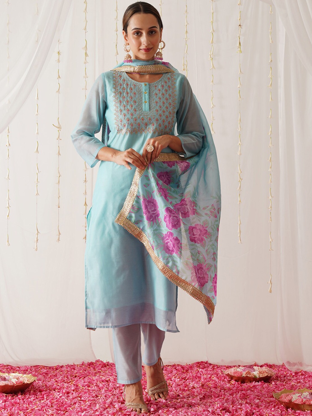 Rustorange Floral Yoke Design Thread Work Chanderi Silk Kurta with Trousers & With Dupatta, Blue
Rustorange Floral Yoke Design Thread Work Chanderi Silk Kurta with Trousers & With Dupatta, Blue