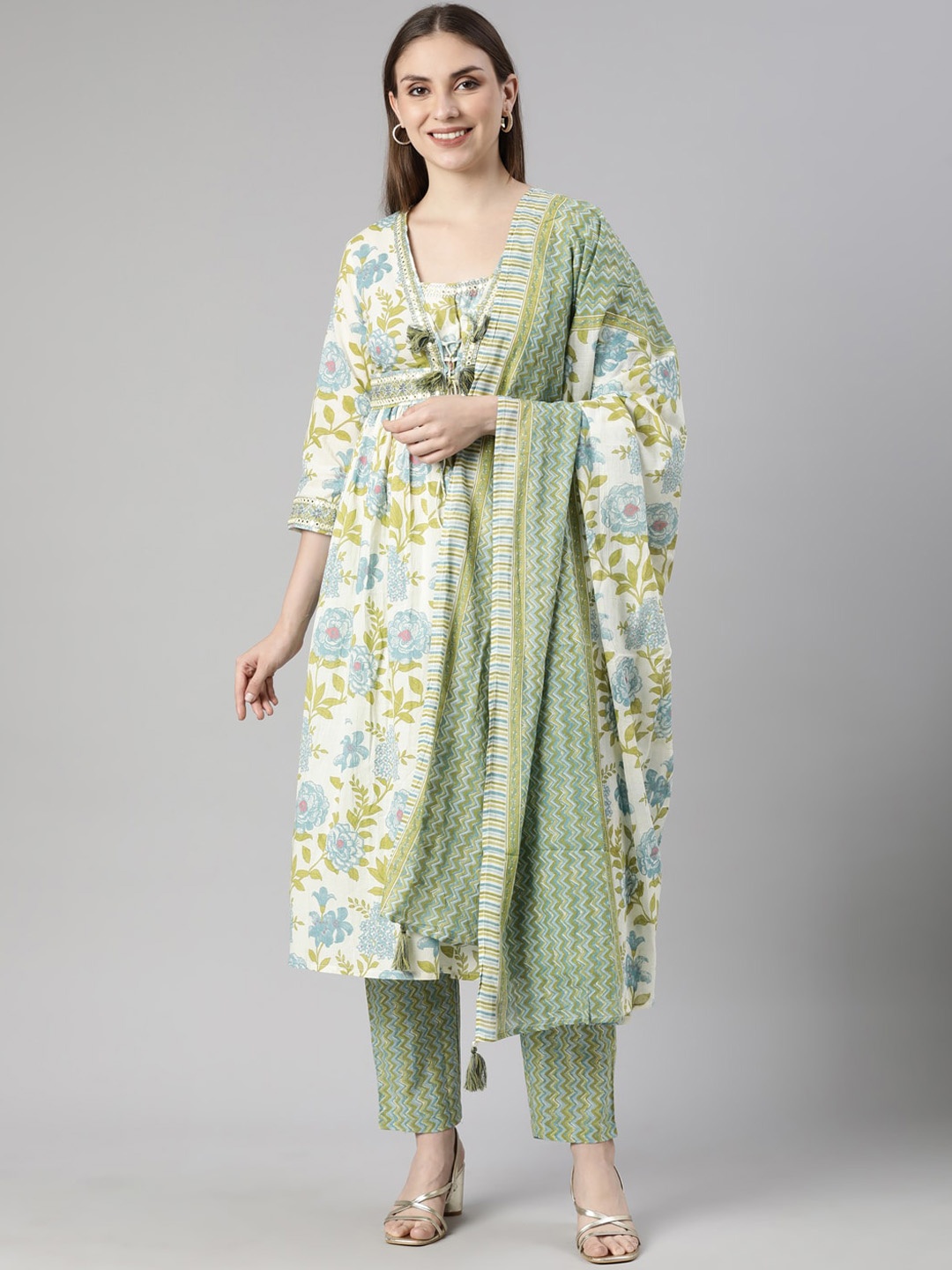 Neerus Floral Printed Empire Mirror Work Anarkali Kurta With Trousers & Dupatta, Green
Neerus Floral Printed Empire Mirror Work Anarkali Kurta With Trousers & Dupatta, Green