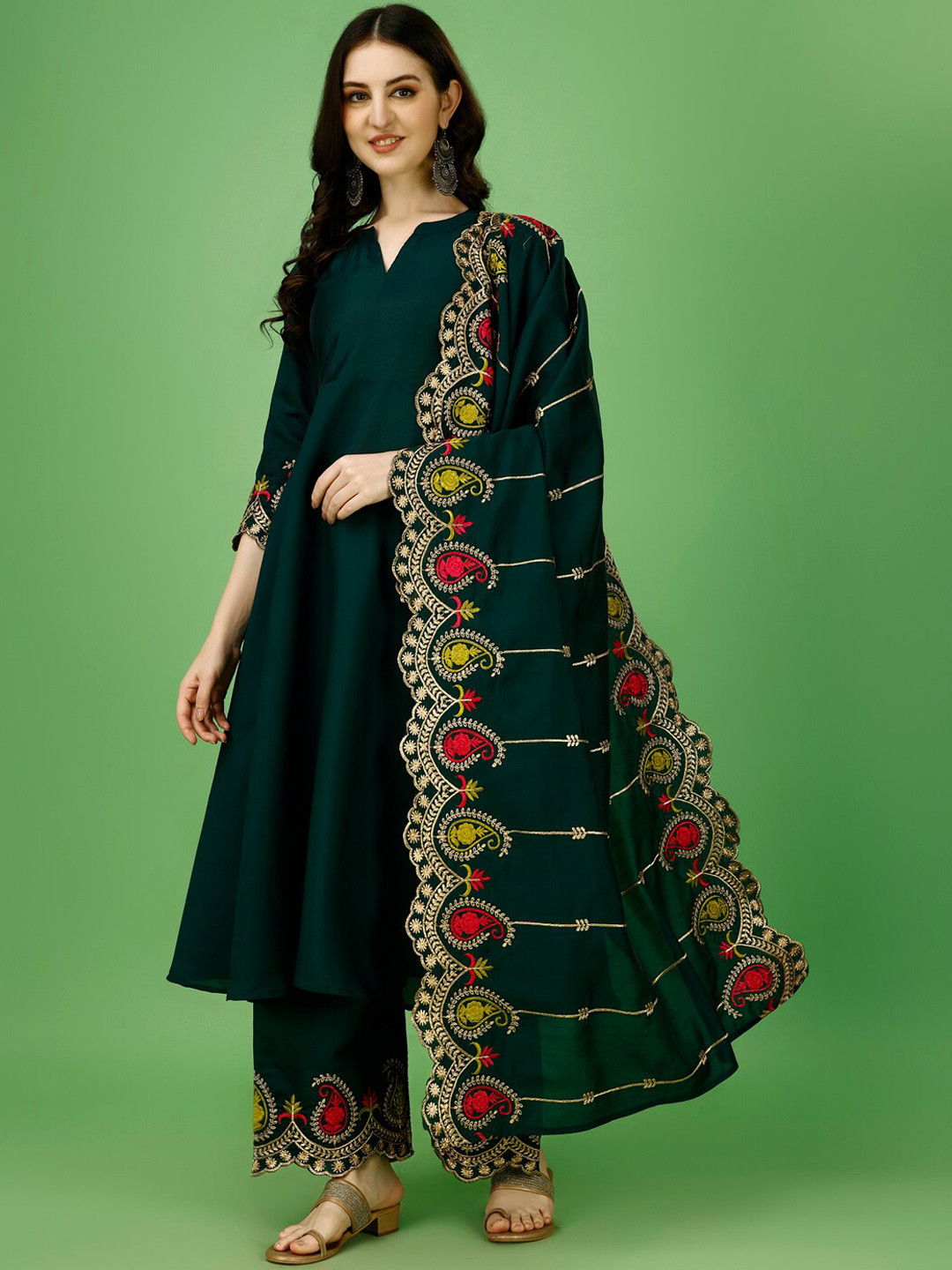 KALINI Anarkali Thread Work Kurta with Palazzos & Dupatta, Green
KALINI Anarkali Thread Work Kurta with Palazzos & Dupatta, Green