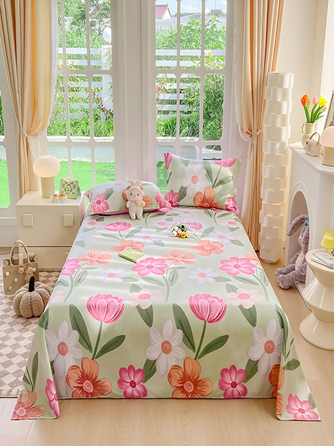 JC HOME Green & Pink Floral Printed Cotton 200 TC King Bedsheet with 2 Pillow Covers
JC HOME Green & Pink Floral Printed Cotton 200 TC King Bedsheet with 2 Pillow Covers