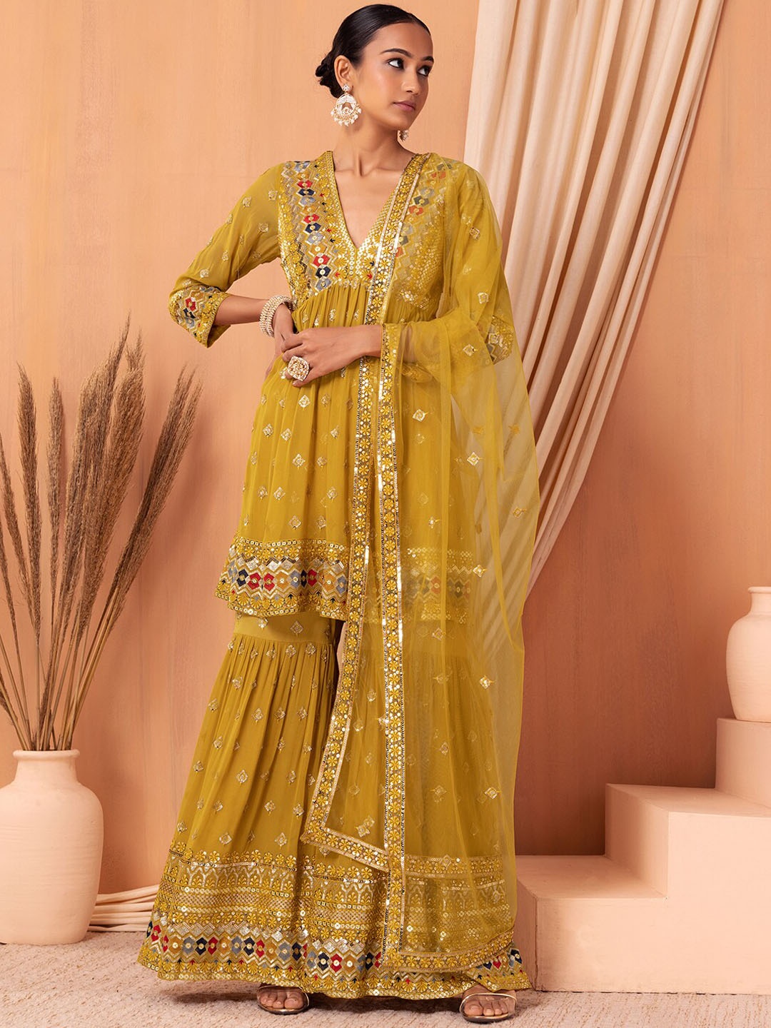 Indya Luxe Ethnic Motifs Embroidered Empire Thread Work Kurta & Sharara With Dupatta, Yellow
Indya Luxe Ethnic Motifs Embroidered Empire Thread Work Kurta & Sharara With Dupatta, Yellow