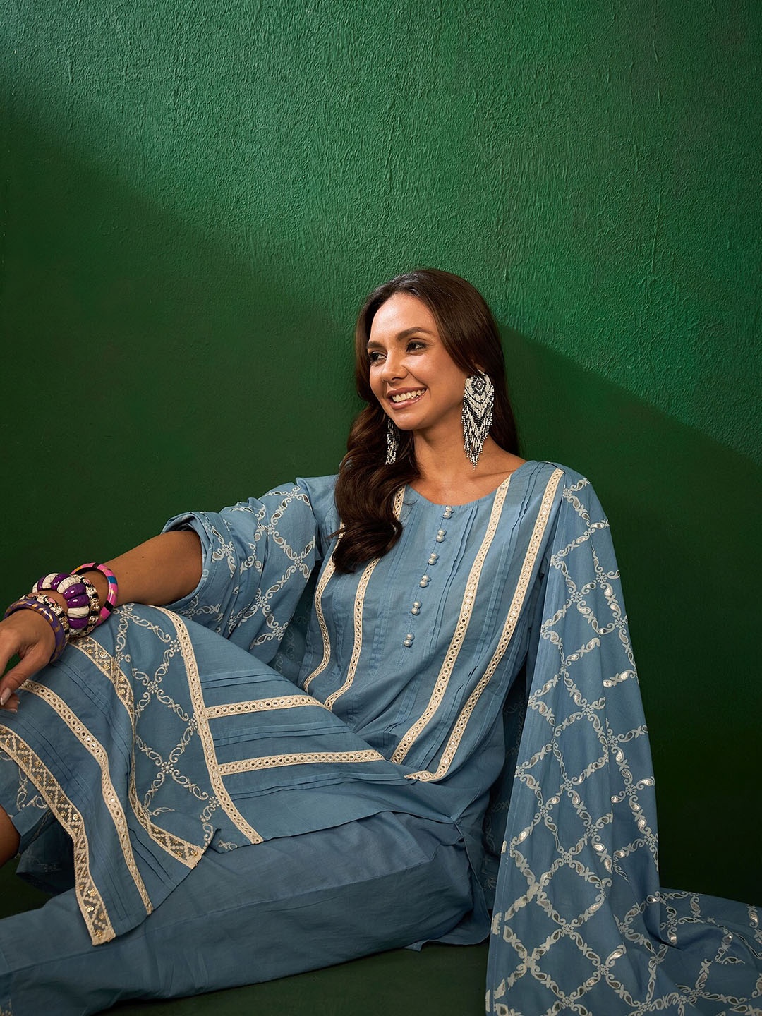 Sangria Ethnic Motifs Embroidered Gotta Patti Pure Cotton Kurta With Trouser & Dupatta, Turquoise blue
Sangria Ethnic Motifs Embroidered Gotta Patti Pure Cotton Kurta With Trouser & Dupatta, Turquoise blue