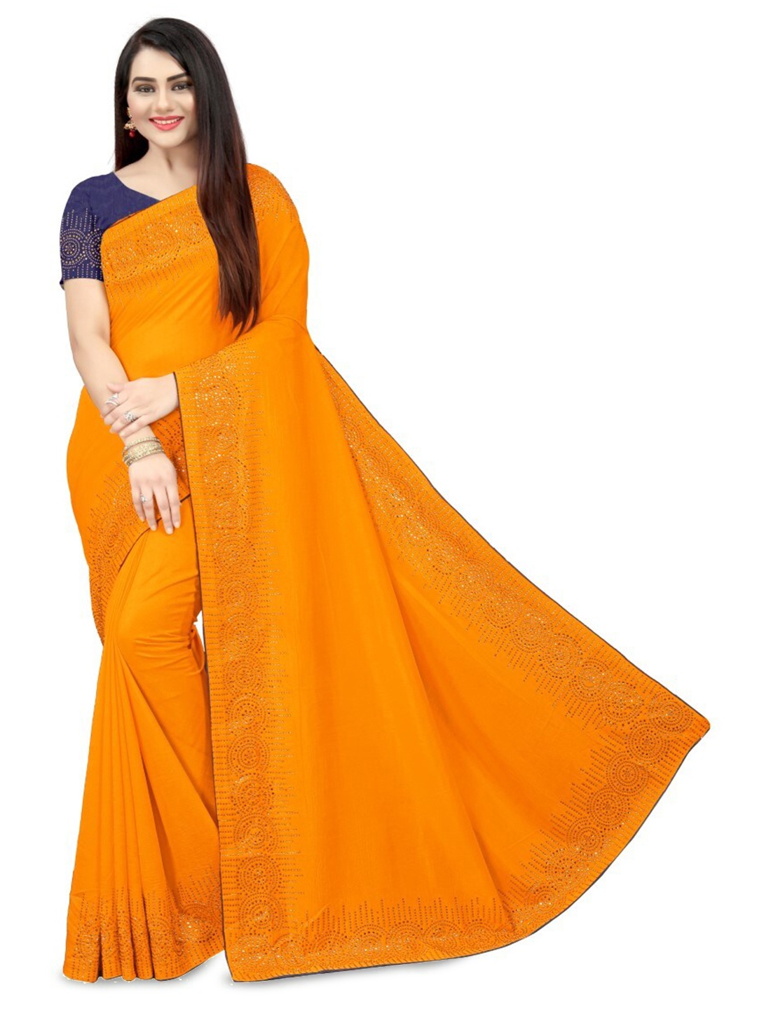 PUNYATHA CREATION Mirror Work Saree, Mustard