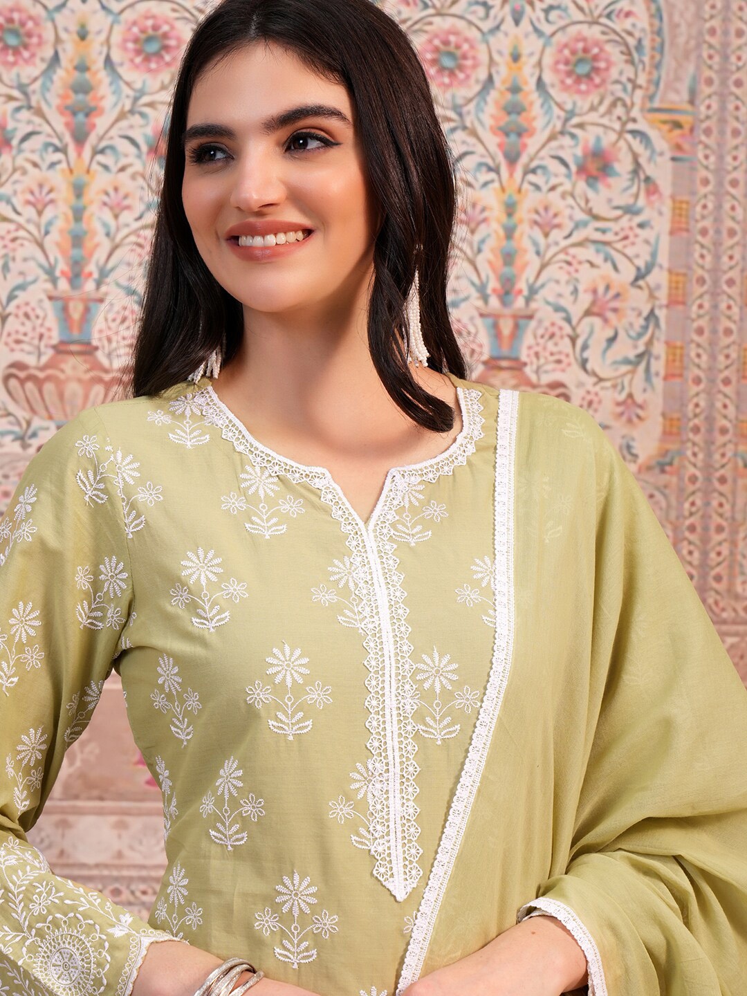 Vishudh Floral Embroidered Thread Work Pure Cotton Straight Kurta with Trousers & Dupatta, Green
Vishudh Floral Embroidered Thread Work Pure Cotton Straight Kurta with Trousers & Dupatta, Green