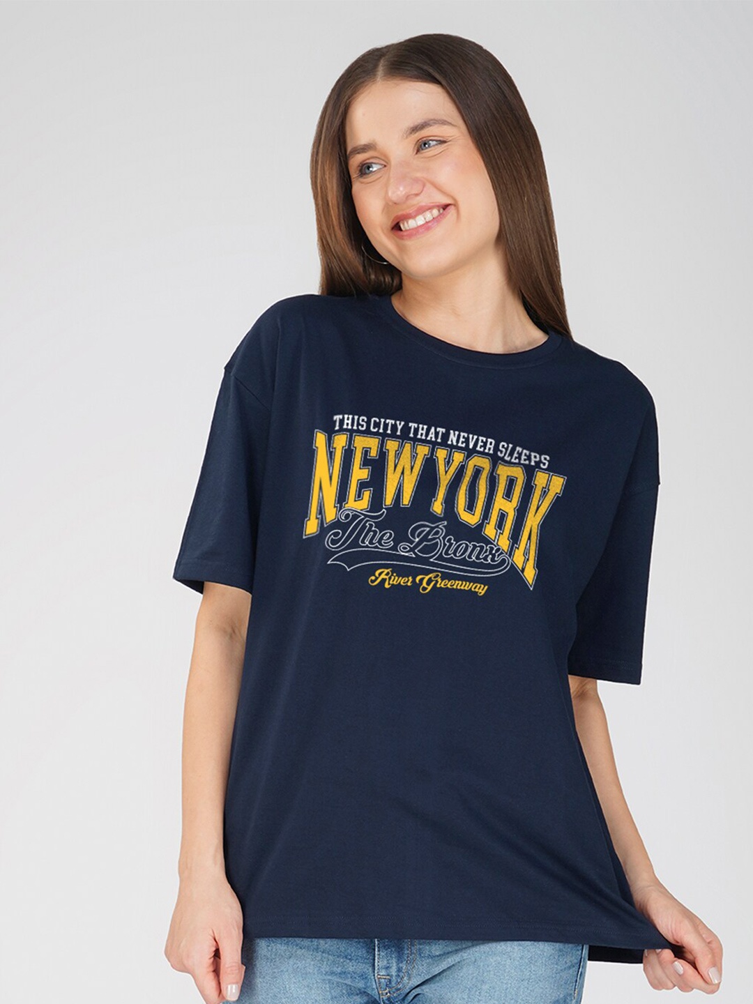 Crazymonk Newyork Typography Printed Drop-Shoulder Sleeves Oversized Cotton T-shirt, Navy blue
Crazymonk Newyork Typography Printed Drop-Shoulder Sleeves Oversized Cotton T-shirt, Navy blue