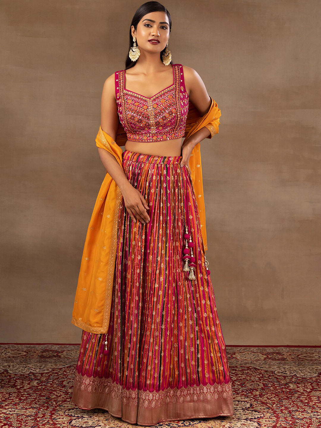 Indya Luxe Embroidered Mirror Work Ready to Wear Lehenga & Blouse With Dupatta, Pink 
Indya Luxe Embroidered Mirror Work Ready to Wear Lehenga & Blouse With Dupatta, Pink