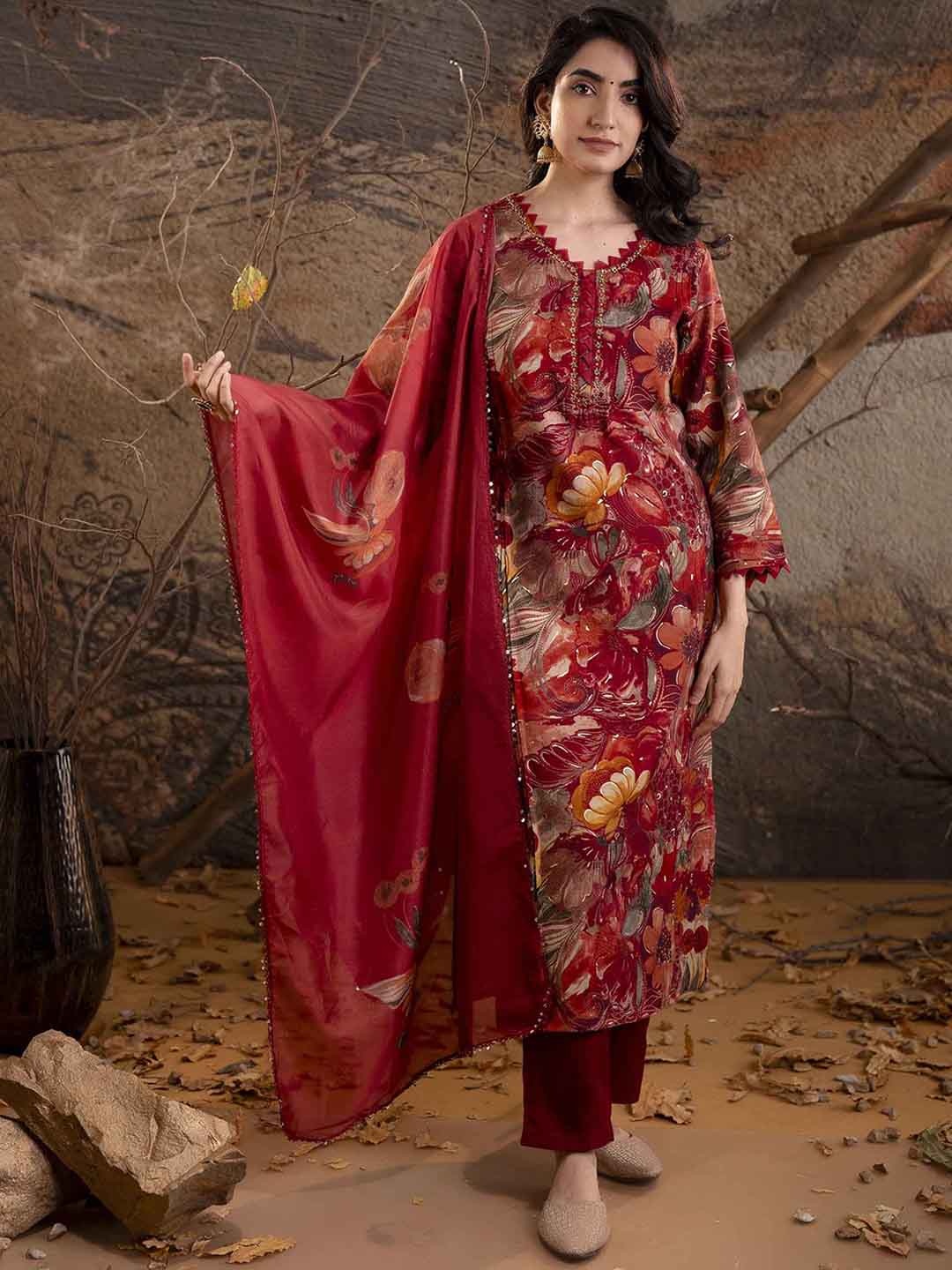 KALINI Floral Printed Sequinned V-Neck Straight Kurta With Trousers & Dupatta, Maroon
KALINI Floral Printed Sequinned V-Neck Straight Kurta With Trousers & Dupatta, Maroon