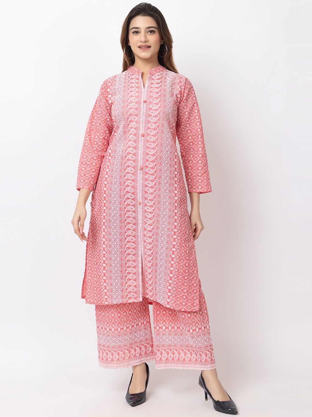 TYSORT Mandarin Collar Floral Embroidered Regular Chikankari Kurta with Palazzo, Pink
TYSORT Mandarin Collar Floral Embroidered Regular Chikankari Kurta with Palazzo, Pink