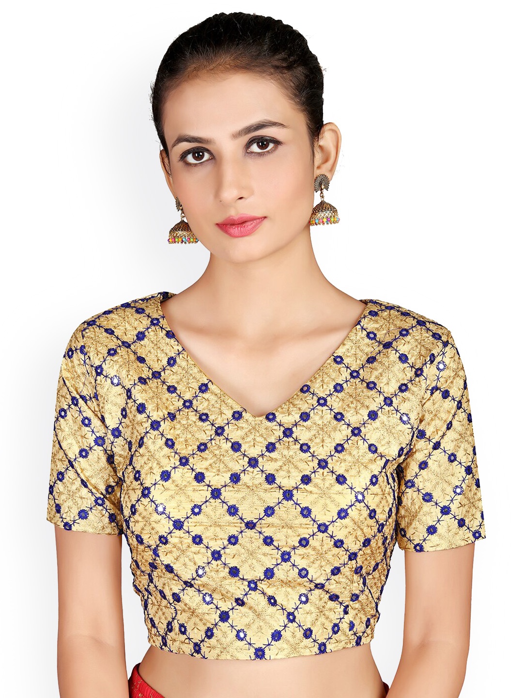 Mitera Embroidered Mirror Work Raw Silk Saree Blouse, Beige