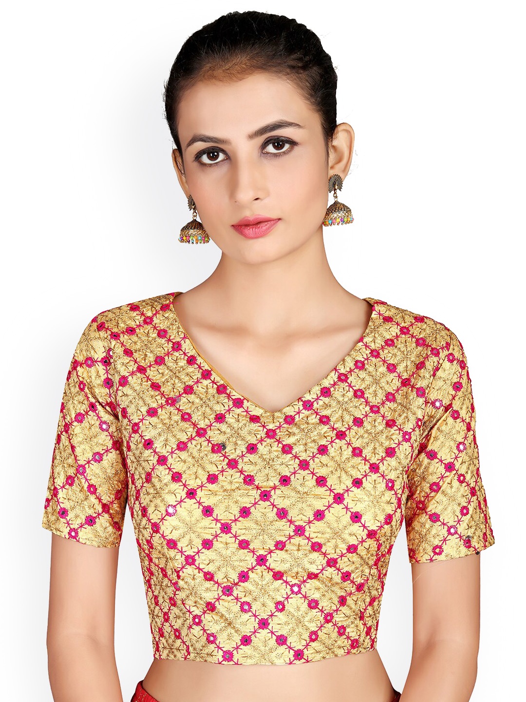 Shaily Embroidered V-Neck Mirror Work Saree Blouse, Beige