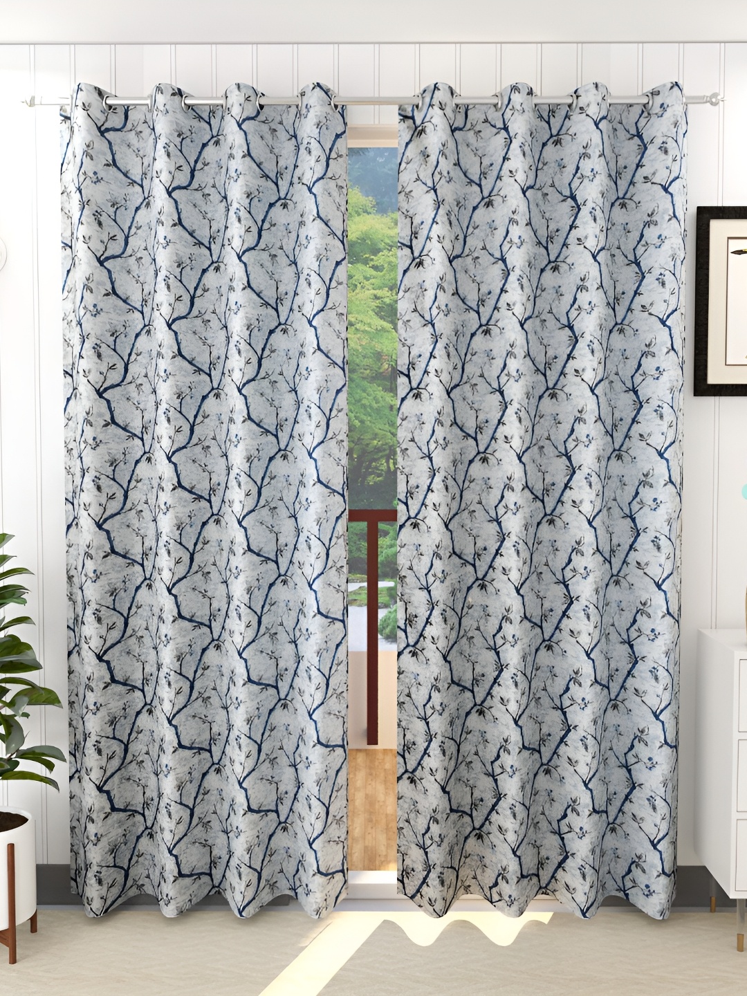Galaxy Home Decor Grey 2 Pieces Floral Room Darkening Long Door Curtain