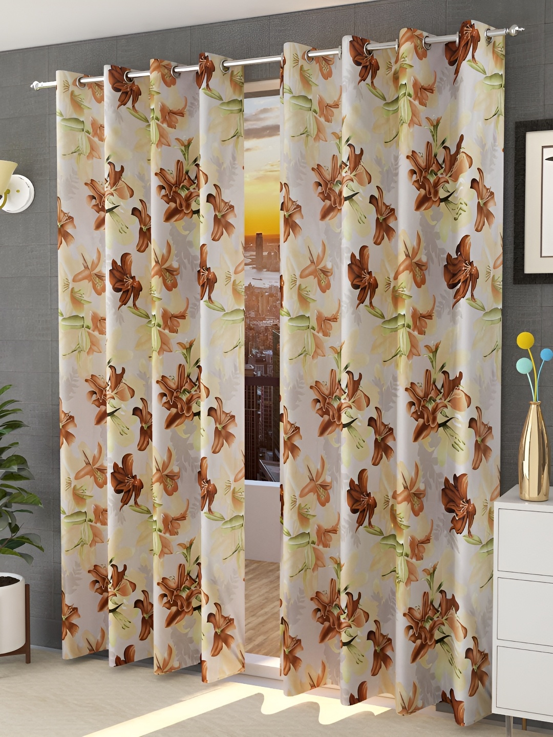 Galaxy Home Decor Brown 2 Pieces Floral Room Darkening Long Door Curtain