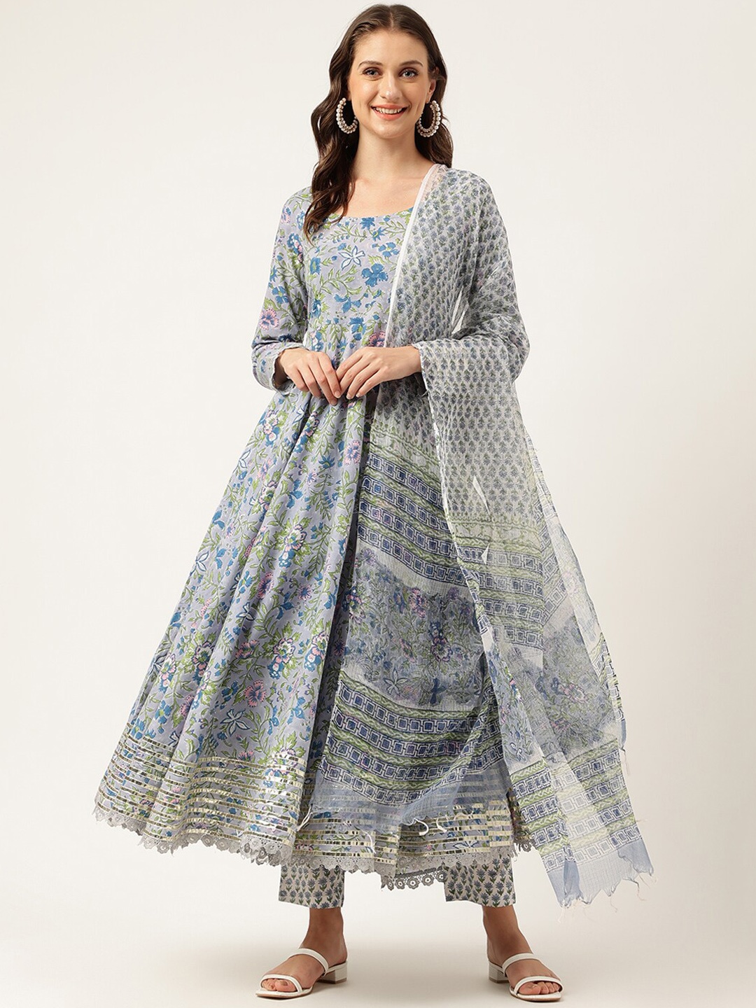 Divena Floral Printed Gotta Patti Pure Cotton Anarkali Kurta With Trouser & Dupatta, Blue
Divena Floral Printed Gotta Patti Pure Cotton Anarkali Kurta With Trouser & Dupatta, Blue