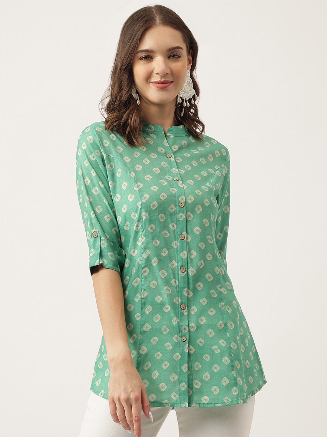 Divena Bandhani Printed Mandarin Collar Roll-Up Sleeves Cotton Shirt Style Top, Green
Divena Bandhani Printed Mandarin Collar Roll-Up Sleeves Cotton Shirt Style Top, Green