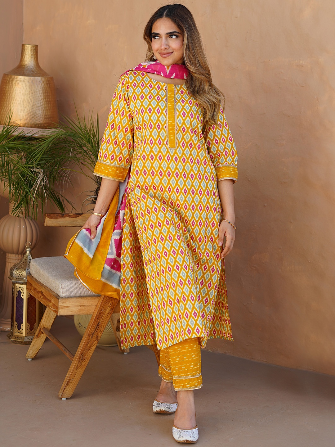 Libas Geometric Printed Regular Gotta Patti Pure Cotton Kurta With Trousers & Dupatta, Mustard
Libas Geometric Printed Regular Gotta Patti Pure Cotton Kurta With Trousers & Dupatta, Mustard