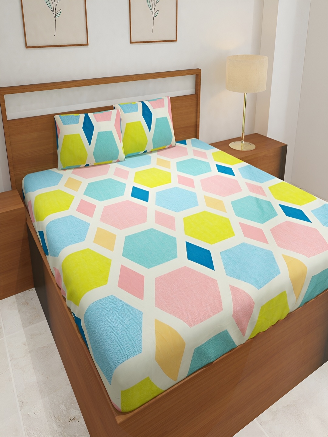 Srijee Decors White & Blue Geometric 210 TC Fitted King Bedsheet with 2 Pillow Covers
Srijee Decors White & Blue Geometric 210 TC Fitted King Bedsheet with 2 Pillow Covers
