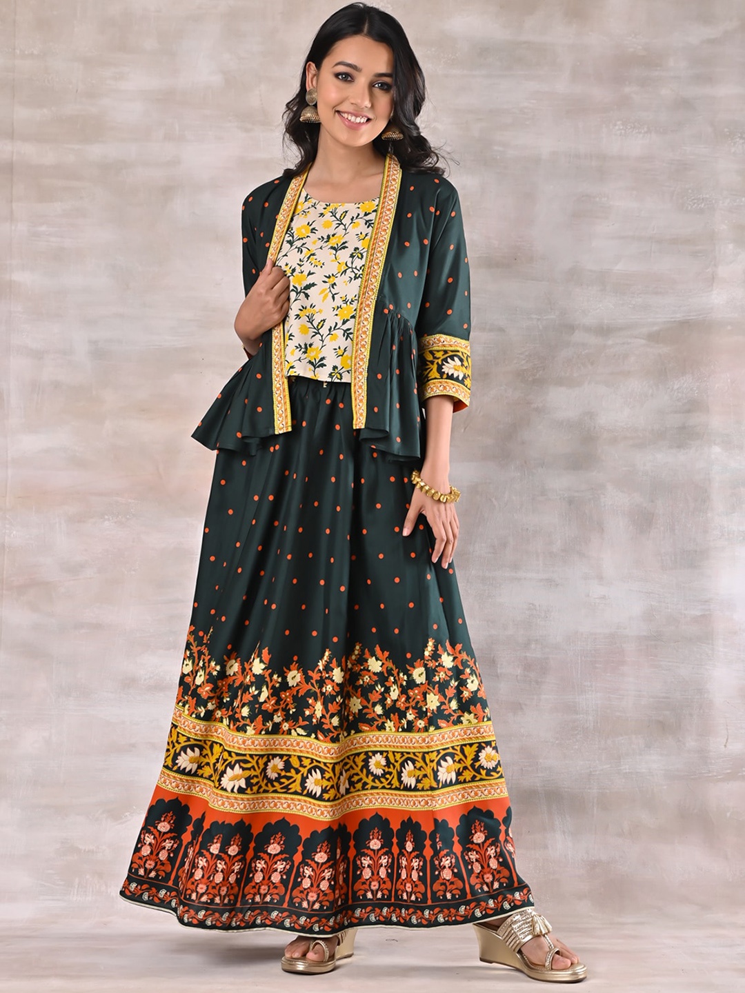 Rustorange Printed Round Neck Top With Flared Skirt With Peplum Shrug Co-Ords, Green
Rustorange Printed Round Neck Top With Flared Skirt With Peplum Shrug Co-Ords, Green