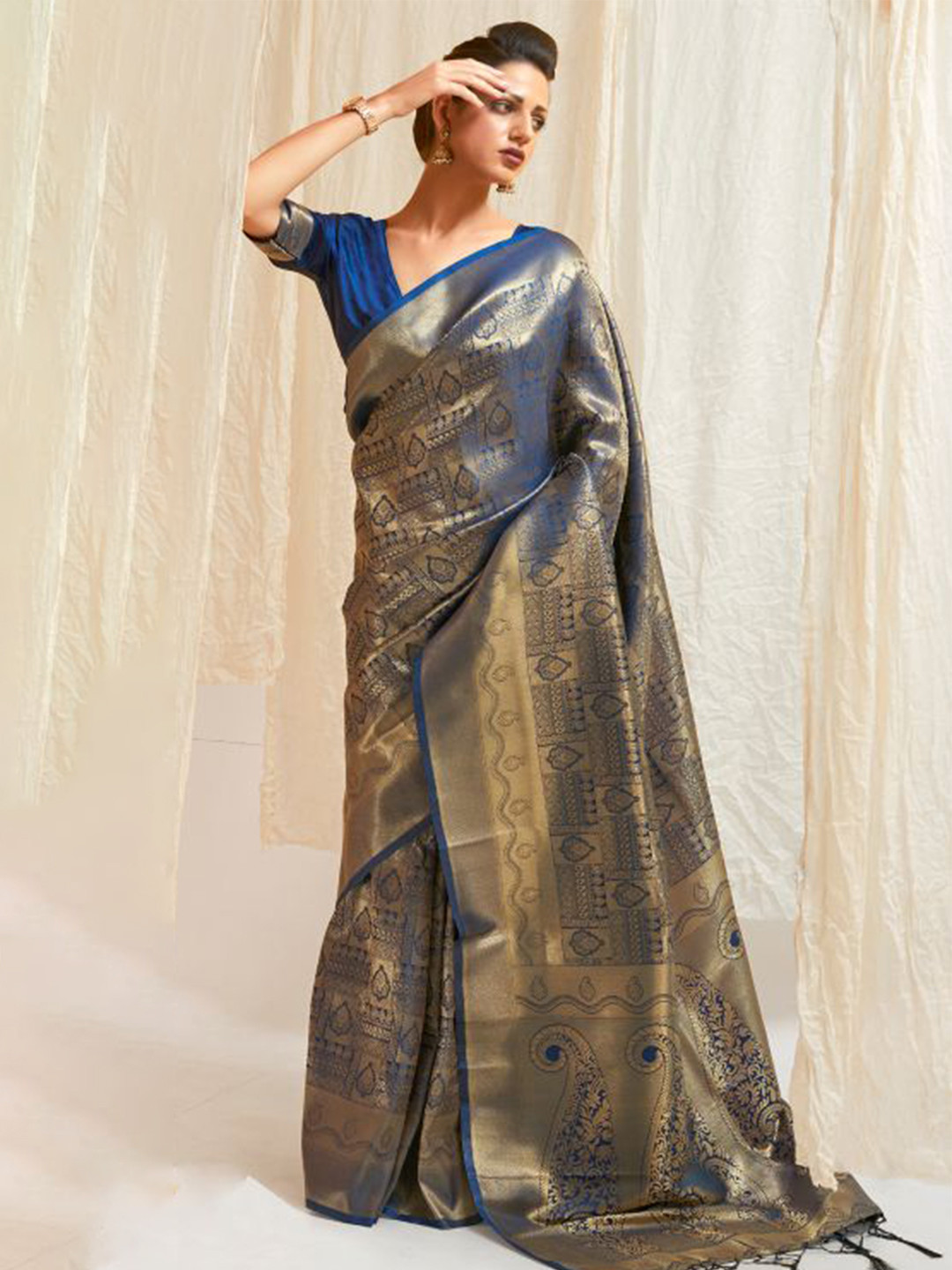 DEVATITHI Ethnic Motifs Woven Design Kanjeevaram Saree, Blue
DEVATITHI Ethnic Motifs Woven Design Kanjeevaram Saree, Blue