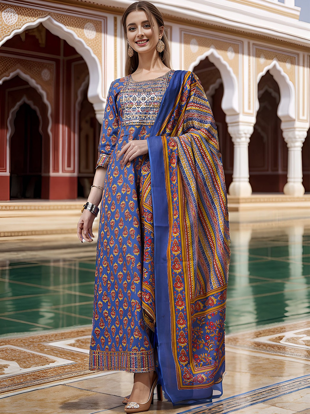 KALINI Ethnic Motifs Printed Embroidered Detailed Cotton Maxi Ethnic Dress With Dupatta, Blue
KALINI Ethnic Motifs Printed Embroidered Detailed Cotton Maxi Ethnic Dress With Dupatta, Blue