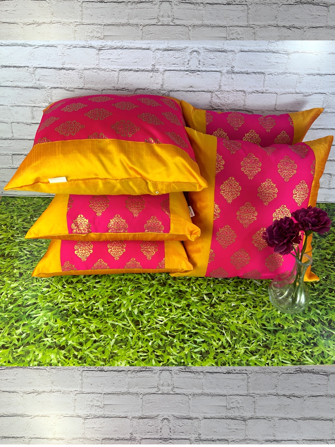Pink Parrot Yellow & Pink 5 Pieces Ethnic Motifs Jacquard Silk Square Cushion Covers
Pink Parrot Yellow & Pink 5 Pieces Ethnic Motifs Jacquard Silk Square Cushion Covers