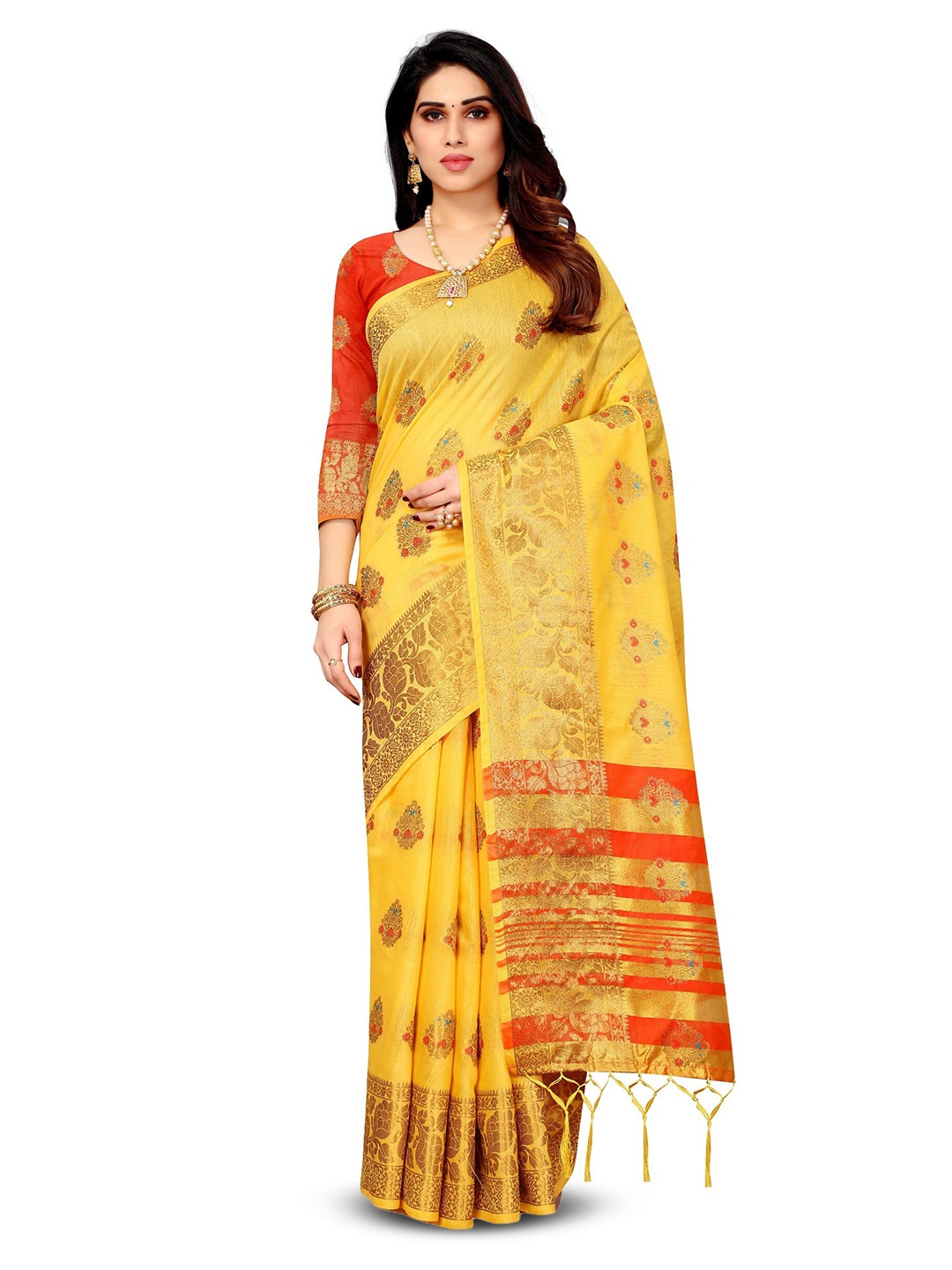 Vakhariyafab Ethnic Motifs Woven Design Zari Pure Cotton Banarasi Saree, Yellow
Vakhariyafab Ethnic Motifs Woven Design Zari Pure Cotton Banarasi Saree, Yellow